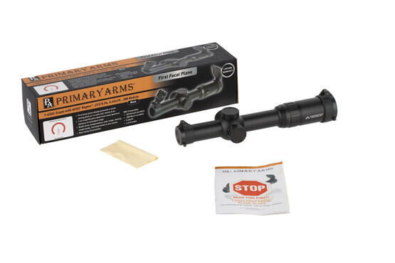Primary Arms FFP Raptor 5.56 1-6x24mm rifle scope includes scope caps, manual, and a cleaning cloth